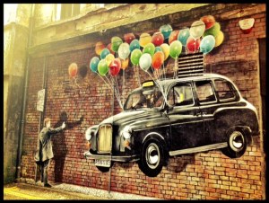 Glasgow street art - taxi cab with balloons